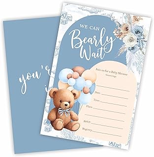 Blue Boho Floral & Bear Baby Shower Invitations, 20 Pack