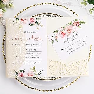 50Pcs Ivory Tri Fold Wedding Invitation Kit with Rose Laser Cut Invitations