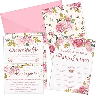 25 Sets Floral Baby Shower Invitations & Diaper Raffle Tickets