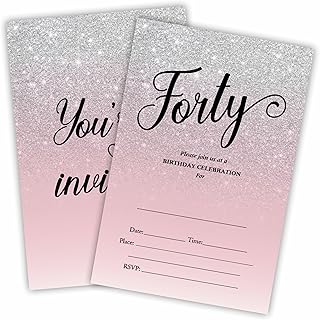 40th Birthday Invitation Cards for Women, Glitter Pink & Silver, Fill