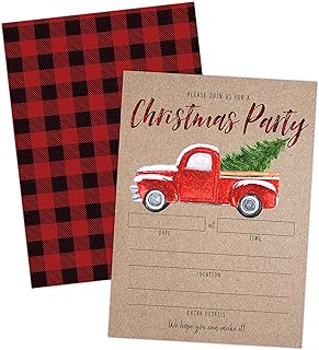 Rustic Christmas Party Invitation with Red Truck and Christmas Tree